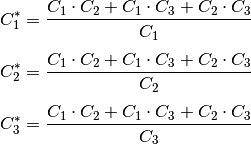 C_1^{*} &= \frac{C_1 \cdot C_2 + C_1 \cdot C_3 + C_2 \cdot C_3}{C_1}
\\[4pt]
C_2^{*} &= \frac{C_1 \cdot C_2 + C_1 \cdot C_3 + C_2 \cdot C_3}{C_2}
\\[4pt]
C_3^{*} &= \frac{C_1 \cdot C_2 + C_1 \cdot C_3 + C_2 \cdot C_3}{C_3}