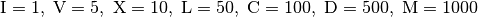 \mathrm{I} = 1 ,\; \mathrm{V} = 5 ,\; \mathrm{X} = 10 ,\; \mathrm{L} =
50 ,\; \mathrm{C} = 100 ,\; \mathrm{D} = 500 ,\; \mathrm{M} = 1000