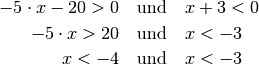 -5 \cdot x - 20 > 0 \quad &\text{und} \quad x + 3 < 0 \\
-5 \cdot x > 20 \quad & \text{und} \quad x < -3 \\
x < -4 \quad & \text{und} \quad x < -3