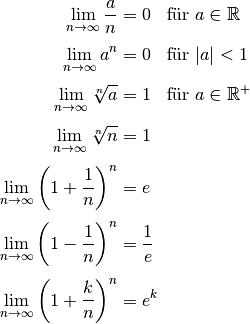 \lim_{n \to \infty} \frac{a}{n} &= 0 \;\; \text{ für } a \in \mathbb{R} \\[4pt]
\lim_{n \to \infty} a^n         &= 0 \;\; \text{ für } |a| < 1 \\[4pt]
\lim_{n \to \infty} \sqrt[n]{a} &= 1 \;\; \text{ für } a \in \mathbb{R}^{+} \\[4pt]
\lim_{n \to \infty} \sqrt[n]{n} &= 1  \\[4pt]
\lim_{n \to \infty} \left( 1 + \frac{1}{n} \right)^n  &= e \\[4pt]
\lim_{n \to \infty} \left( 1 - \frac{1}{n} \right)^n  &= \frac{1}{e} \\[4pt]
\lim_{n \to \infty} \left( 1 + \frac{k}{n} \right)^n  &= e^{k} \\[4pt]