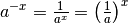 a^{-x} =
\frac{1}{a^x} = \left( \frac{1}{a}\right)^x