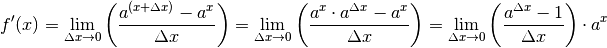 f'(x) = \lim_{\Delta x \to 0} \left( \frac{a^{(x + \Delta x)} - a^x}{\Delta
x}\right) = \lim_{\Delta x \to 0} \left( \frac{a^x \cdot a^{\Delta x} -
a^x}{\Delta x}\right) = \lim_{\Delta x \to 0} \left( \frac{a^{\Delta x} -
1}{\Delta x}\right) \cdot a^{x}