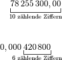 \underbracket[0.5pt][5.pt]{78\,255\,300,00}_{10\text{ zählende Ziffern}}
\\[10pt]

0,000\,\!\!\!\!\!\!\!\!\underbracket[0.5pt][5.pt]{420\,800}_{6\text{
zählende Ziffern}}