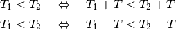 T_1 < T_2 \quad &\Leftrightarrow  \quad T_1 + T < T_2 + T \\[2pt]
T_1 < T_2 \quad &\Leftrightarrow  \quad T_1 - T < T_2 - T \\[2pt]