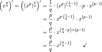 \left( x ^{\frac{p}{q}}\right)' = \left(\left( x ^{\tiny{p}}\right) ^{\frac{1}{q}}\right)'
&= \frac{1}{q} \cdot \left( x ^{p}\right) ^{\left(\frac{1}{q} - 1\right)}
\cdot p \cdot x ^{(p-1)} \\
& = \frac{p}{q} \cdot x ^{p \cdot \left( \frac{1}{q} - 1\right)} \cdot x
^{(p-1)} \\
&= \frac{p}{q} \cdot x ^{\left( \frac{p}{q} - p\right) + (p - 1)} \\
&= \frac{p}{q} \cdot x ^{\left(\frac{p}{q} - 1 \right)} \qquad \checkmark