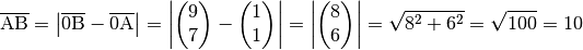 \overline{\mathrm{AB}} = \left| \overline{\mathrm{0B}} - \overline{\mathrm{0A}}
\right| = \left| \begin{pmatrix}
    9 \\ 7
\end{pmatrix} - \begin{pmatrix}
    1 \\ 1
\end{pmatrix} \right| = \left|
\begin{pmatrix}
    8 \\ 6
\end{pmatrix} \right | = \sqrt{8^2 + 6^2} = \sqrt{100} = 10