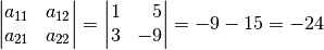 \begin{vmatrix} a_{\mathrm{11}} & a_{\mathrm{12}}  \\ a_{\mathrm{21}} & a_{\mathrm{22}} \end{vmatrix} =
\begin{vmatrix}
1 & \phantom{+}5  \\
3 & -9
\end{vmatrix} = -9 -15 = -24