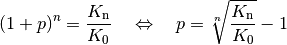 (1+p)^n = \frac{K_{\mathrm{n}}}{K_0} \quad \Leftrightarrow \quad p =
\sqrt[n]{\frac{K_{\mathrm{n}}}{K_0}}-1