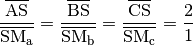 \frac{\overline{\mathrm{AS}}}{\overline{\mathrm{SM_a}}} =
\frac{\overline{\mathrm{BS}}}{\overline{\mathrm{SM_b}}} =
\frac{\overline{\mathrm{CS}}}{\overline{\mathrm{SM_c}}} = \frac{2}{1}