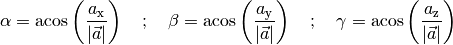 \alpha = \text{acos}\left( \frac{a_{\mathrm{x}}}{|\vec{a}|} \right) \quad ; \quad
\beta  = \text{acos}\left( \frac{a_{\mathrm{y}}}{|\vec{a}|} \right) \quad ; \quad
\gamma = \text{acos}\left( \frac{a_{\mathrm{z}}}{|\vec{a}|} \right) \quad