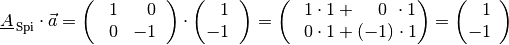 \underline{A}_{\mathrm{\,Spi}} \cdot \vec{a} = \begin{pmatrix}
    \phantom{+}1 & \phantom{+}0 \; \phantom{.} \\
    \phantom{+}0 & -1 \; \phantom{.}
\end{pmatrix} \cdot \begin{pmatrix}
    \phantom{+}1 \;\phantom{.} \\ -1\;\phantom{.}
\end{pmatrix} = \begin{pmatrix}
    \phantom{+}1 \cdot 1 + \phantom{(-}0 \phantom{)} \cdot 1 \\
    \phantom{-}0 \cdot 1 + (-1) \cdot 1
\end{pmatrix} = \begin{pmatrix}
    \phantom{+}1\,\phantom{.} \\ -1\,\phantom{.}
\end{pmatrix}