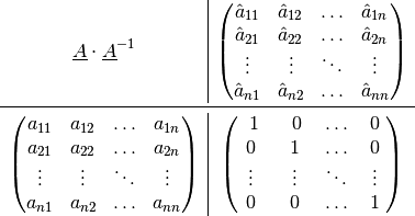 \begin{array}{c|c}
\underline{A} \cdot \underline{A}^{-1}  &
\begin{pmatrix}
    \hat{a}_{11} & \hat{a}_{12} & \ldots & \hat{a}_{1n} \\
    \hat{a}_{21} & \hat{a}_{22} & \ldots & \hat{a}_{2n} \\
    \vdots & \vdots & \ddots & \vdots \\
    \hat{a}_{n1} & \hat{a}_{n2} & \ldots & \hat{a}_{nn} \\
\end{pmatrix} \\ \midrule
\begin{pmatrix}
    a_{11} & a_{12} & \ldots & a_{1n} \\
    a_{21} & a_{22} & \ldots & a_{2n} \\
    \vdots & \vdots & \ddots & \vdots \\
    a_{n1} & a_{n2} & \ldots & a_{nn} \\
\end{pmatrix} &
\begin{pmatrix}
    \;\; 1 \;\; & \;\;0\;\; & \ldots & \;0\;\; \\
    0 & 1 & \ldots & 0\\
    \vdots & \vdots & \ddots & \vdots \\
    0 & 0 & \ldots & 1\\
\end{pmatrix}
\end{array}