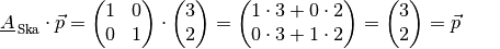 \underline{A}_{\mathrm{\,Ska}} \cdot \vec{p} = \begin{pmatrix}
    1 & 0 \\ 0 & 1
\end{pmatrix} \cdot \begin{pmatrix}
    3 \\ 2
\end{pmatrix} = \begin{pmatrix}
    1 \cdot 3 + 0 \cdot 2 \\
    0 \cdot 3 + 1 \cdot 2
\end{pmatrix} = \begin{pmatrix}
    3 \\ 2
\end{pmatrix} = \vec{p}{\color{white}\cdot 3 \cdot 3}