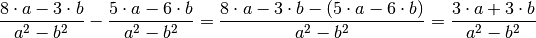 \frac{8 \cdot a - 3 \cdot b}{a^2 - b^2} - \frac{5 \cdot a - 6 \cdot b}{a^2
- b^2} = \frac{8 \cdot a - 3 \cdot b - (5 \cdot a - 6 \cdot b)}{a^2 - b^2}
  = \frac{3 \cdot a + 3 \cdot b}{a^2 - b^2}