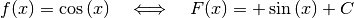 f(x) = \cos{(x)} \quad \Longleftrightarrow \quad F(x) = +\sin{(x)} + C