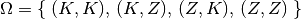 \Omega = \{ \; (K,K) ,\,  (K,Z) ,\,  (Z,K) ,\,  (Z,Z) \; \}