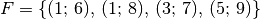 F = \{ (1;\,6),\,  (1;\,8),\,  (3;\,7),\, (5;\,9)  \}