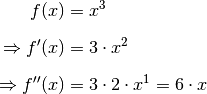 f(x) &= x^3 \\[6pt]
\Rightarrow f'(x) &= 3 \cdot x^2 \\[6pt]
\Rightarrow f''(x) &= 3 \cdot 2 \cdot x^1 = 6 \cdot x