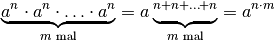 \underbrace{a^n \cdot a^n \cdot \ldots \cdot a^n}_{\text{$m$ mal}} =
a \underbrace{^{n + n + \ldots + n}}_{\text{$m$ mal}} = a^{n \cdot m}