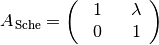 A_{\mathrm{\,Sche}} = \begin{pmatrix}
    \phantom{+} 1 & \phantom{+}\lambda \,\phantom{.} \\
    \phantom{+} 0 & \phantom{+}1 \,\phantom{.} \\
\end{pmatrix}