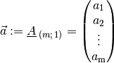 \vec{a} := \underline{A}_{\;(m;\,1)} = \begin{pmatrix}
    a_1 \\ a_2 \\ \vdots \\ a_{\mathrm{m}}
\end{pmatrix}