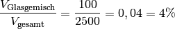 \frac{V_{\mathrm{Glasgemisch}}}{V_{\mathrm{gesamt}}} = \frac{100}{2500} = 0,04 = 4\%