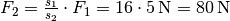 F_2 = \frac{s_1}{s_2} \cdot F_1 =
16 \cdot \unit[5]{N} = \unit[80]{N}