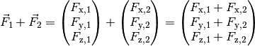 \vec{F}_1 + \vec{F}_2 = \begin{pmatrix}
F_{\mathrm{x,1}} \\
F_{\mathrm{y,1}} \\
F_{\mathrm{z,1}} \\
\end{pmatrix} + \begin{pmatrix}
F_{\mathrm{x,2}} \\
F_{\mathrm{y,2}} \\
F_{\mathrm{z,2}} \\
\end{pmatrix} = \begin{pmatrix}
F_{\mathrm{x,1}} + F_{\mathrm{x,2}} \\
F_{\mathrm{y,1}} + F_{\mathrm{y,2}} \\
F_{\mathrm{z,1}} + F_{\mathrm{z,2}} \\
\end{pmatrix}