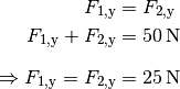 F_{\mathrm{1,y}} &= F_{\mathrm{2,y}} \\
F_{\mathrm{1,y}} + F_{\mathrm{2,y}} &= \unit[50]{N}\\[8pt]
\Rightarrow F_{\mathrm{1,y}} = F_{\mathrm{2,y}} &= \unit[25]{N}