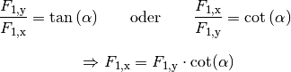 \frac{F_{\mathrm{1,y}}}{F_{\mathrm{1,x}}} = \tan{(\alpha)} \qquad
&\text{oder} \qquad \frac{F_{\mathrm{1,x}}}{F_{\mathrm{1,y}}} =
\cot{(\alpha)} \\[8pt]
\Rightarrow F_{\mathrm{1,x}} &= F_{\mathrm{1,y}} \cdot \text{cot}(\alpha)