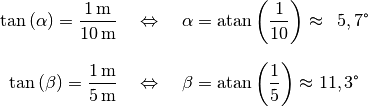 \tan{(\alpha)} = \frac{\unit[1]{m}}{\unit[10]{m}} \quad &\Leftrightarrow
\quad \alpha = \text{atan}\left(\frac{1}{10}\right) \approx \phantom{1}5,7
\degree \\[8pt]
\tan{(\beta)} = \frac{\unit[1]{m}}{\unit[5]{m}} \quad &\Leftrightarrow
\quad \beta = \text{atan}\left(\frac{1}{5}\right) \approx 11,3 \degree