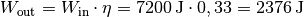 W_{\mathrm{out}} = W_{\mathrm{in}} \cdot \eta = \unit[7200]{J} \cdot 0,33 =
\unit[2376]{J}