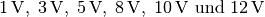 \unit[1]{V},\; \unit[3]{V},\; \unit[5]{V},\; \unit[8]{V},\;
\unit[10]{V} \text{ und } \unit[12]{V}