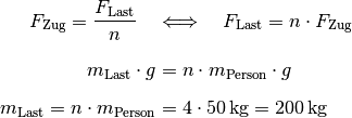 F_{\mathrm{Zug}} = \frac{F_{\mathrm{Last}}}{n} \quad &\Longleftrightarrow
\quad F_{\mathrm{Last}} = n \cdot F_{\mathrm{Zug}} \\[8pt]
m_{\mathrm{Last}} \cdot g  &= n \cdot m_{\mathrm{Person}} \cdot g \\[6pt]
m_{\mathrm{Last}}  = n \cdot m_{\mathrm{Person}} &= 4 \cdot \unit[50]{kg}
= \unit[200]{kg}