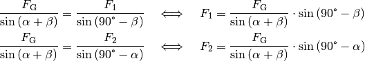 \frac{F_{\mathrm{G}}}{ \sin{(\alpha + \beta)}} = \frac{F_1}{ \sin{(90
\degree - \beta)}} \quad &\Longleftrightarrow \quad F_1 =
\frac{F_{\mathrm{G}}}{ \sin{(\alpha + \beta)}} \cdot \sin{(90 \degree -
\beta)} \\
\frac{F_{\mathrm{G}}}{ \sin{(\alpha + \beta)}} = \frac{F_2}{ \sin{(90
\degree - \alpha)}} \quad &\Longleftrightarrow \quad F_2 =
\frac{F_{\mathrm{G}}}{ \sin{(\alpha + \beta)}} \cdot \sin{(90 \degree -
\alpha)} \\