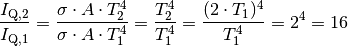 \frac{I_{\mathrm{Q,2}}}{I_{\mathrm{Q,1}}} = \frac{\sigma \cdot A \cdot
T_2^4}{\sigma \cdot A \cdot T_1^4} = \frac{T_2^4}{T_1^4} = \frac{(2 \cdot
T_1)^4}{T_1^4} = 2^4 = 16