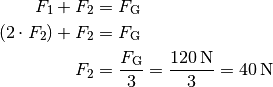 F_1 + F_2 &= F_{\mathrm{G}} \\
(2 \cdot F_2) + F_2 &= F_{\mathrm{G}} \\
F_2 &= \frac{F_{\mathrm{G}}}{3} = \frac{\unit[120]{N}}{3} = \unit[40]{N}\\