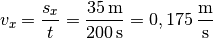 v_x = \frac{s_x}{t} = \frac{\unit[35]{m}}{\unit[200]{s}} =
\unit[0,175]{\frac{m}{s}}