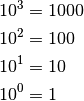 10^3 &= 1000 \\
10^2 &= 100 \\
10^1 &= 10 \\
10^0 &= 1