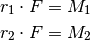 r_1 \cdot F &= M_1 {\color{white}\ldots}\\
r_2 \cdot F &= M_2