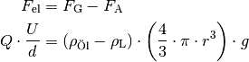 F_{\mathrm{el}} &= F_{\mathrm{G}} - F_{\mathrm{A}} \\
Q \cdot \frac{U}{d} &= (\rho_{\text{Öl}} - \rho_{\mathrm{L}}) \cdot \left(
\frac{4}{3} \cdot \pi \cdot r^3 \right) \cdot g\\