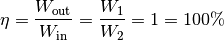 \eta = \frac{W_{\mathrm{out}}}{W_{\mathrm{in}} } = \frac{W_1}{W_2} = 1 =
100\%