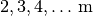 \unit[2, 3, 4, \ldots]{m}