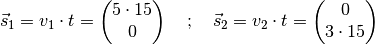 \vec{s}_1 = v_1 \cdot t = \begin{pmatrix}
    5 \cdot 15 \\ 0
\end{pmatrix} \quad ; \quad
\vec{s}_2 = v_2 \cdot t = \begin{pmatrix}
    0 \\ 3 \cdot 15
\end{pmatrix}