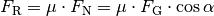 F_{\mathrm{R}} = \mu \cdot F_{\mathrm{N}} = \mu \cdot F_{\mathrm{G}} \cdot
\cos{\alpha }