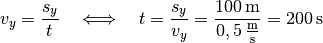 v_y = \frac{s_y}{t} \quad \Longleftrightarrow \quad t = \frac{s_y}{v_y} =
\frac{\unit[100]{m}}{\unit[0,5]{\frac{m}{s}}} = \unit[200]{s}