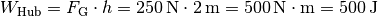 W_{\mathrm{Hub}} = F_{\mathrm{G}} \cdot h = \unit[250]{N} \cdot \unit[2]{m} =
\unit[500]{N \cdot m} = \unit[500]{J}