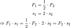 F_1 &= \frac{1}{2} \cdot F_2{\color{white}\ldots} \\
s_1 &= 2 \cdot s_2 \\
\Rightarrow F_1 \cdot s_1 = \frac{1}{2} \cdot F_2 &\, \cdot \, 2 \cdot s_2
= F_2 \cdot s_2