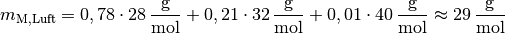 m_{\mathrm{M, Luft}} = 0,78 \cdot \unit[28]{\frac{g}{mol}} + 0,21 \cdot
\unit[32]{\frac{g}{mol}} + 0,01 \cdot \unit[40]{\frac{g}{mol}} \approx
\unit[29]{\frac{g}{mol}}