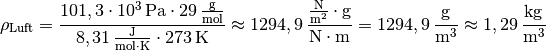 \rho_{\mathrm{Luft}} = \frac{\unit[101,3 \cdot 10^3]{Pa} \cdot
\unit[29]{\frac{g}{mol}}}{\unit[8,31]{\frac{J}{mol \cdot K}} \cdot
\unit[273]{K}} \approx \unit[1294,9]{\frac{\frac{N}{m^2} \cdot g}{N \cdot
m}} = \unit[1294,9]{\frac{ g}{m^3}} \approx \unit[1,29]{\frac{kg}{m^3}}